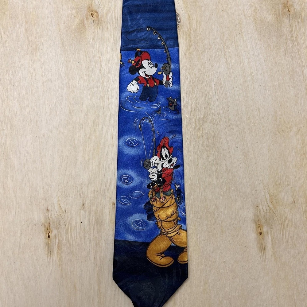 Vintage Mickey Unlimited Disney Tie Mens One Size Blue Mickey Goofy Fishing